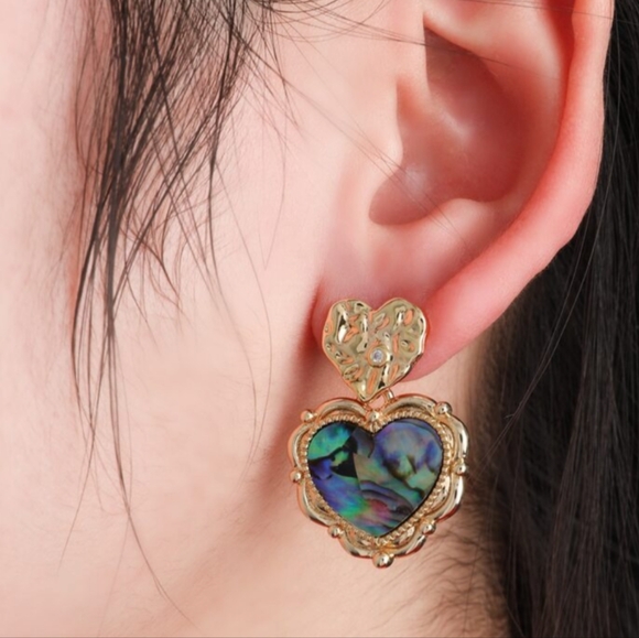 Heart Drop Shell Earrings Gold Tone Setting - Picture 2 of 7